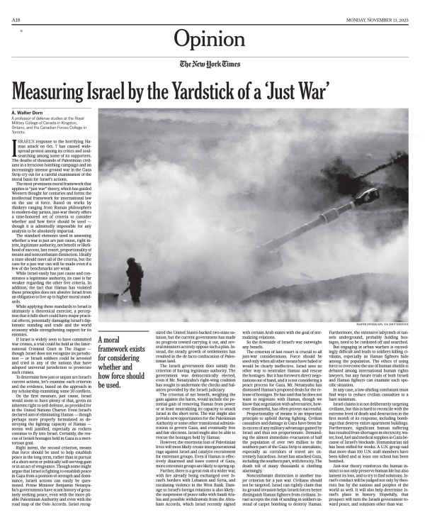 Israel Just War NYTimes pA18 Dorn 13Nov2023